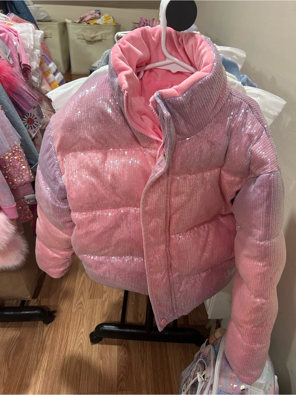 Lola + The Boys Pink Sequin Puffer Jacket